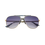 Sunglasses with gold frame and purple lenses on a white background