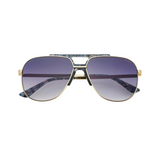 Sunglasses with gold frame and purple lenses on a white background