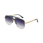 Aviator sunglasses with gold frame and blue gradient lenses on a white background