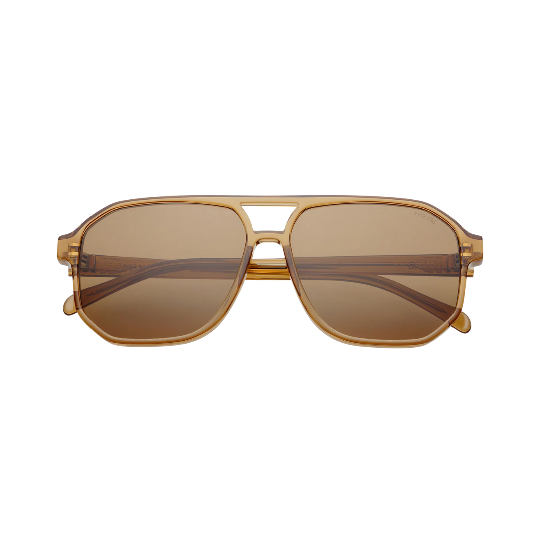 Gold-framed sunglasses with brown lenses on a white background