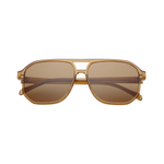 Gold-framed sunglasses with brown lenses on a white background