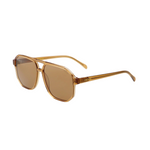 Gold-framed sunglasses with brown lenses on a white background