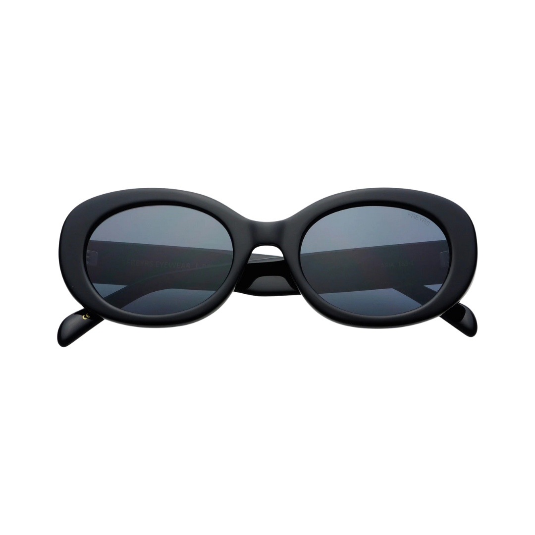 Black sunglasses with dark lenses on a white background
