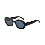 Black sunglasses with blue lenses on a white background