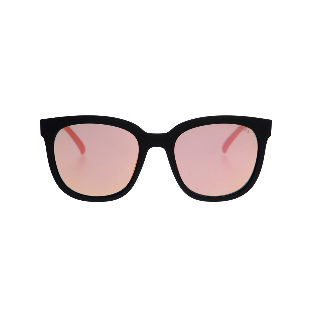 Black-framed sunglasses with pink-tinted lenses on a white background