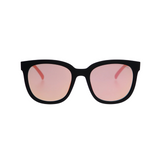 Black-framed sunglasses with pink-tinted lenses on a white background