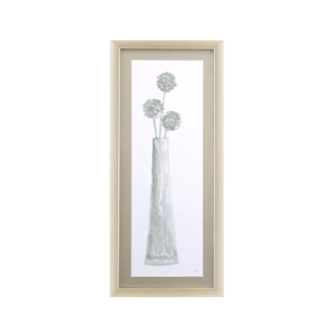 Framed artwork of a vase with flowers on a white background