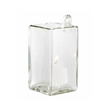 Clear glass hanging vase on a white background
