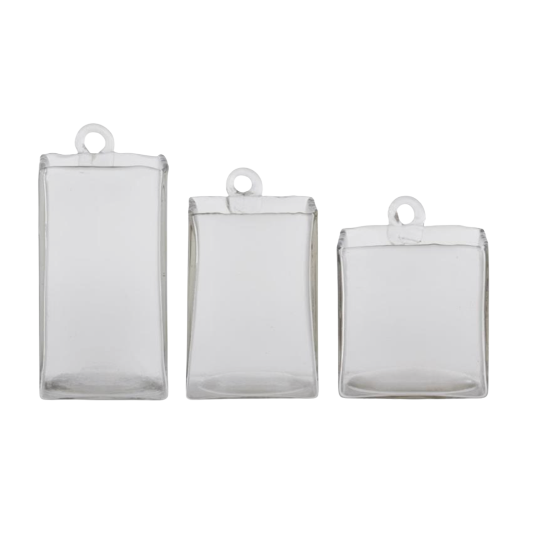 Three clear rectangular hanging containers with loops on a white background