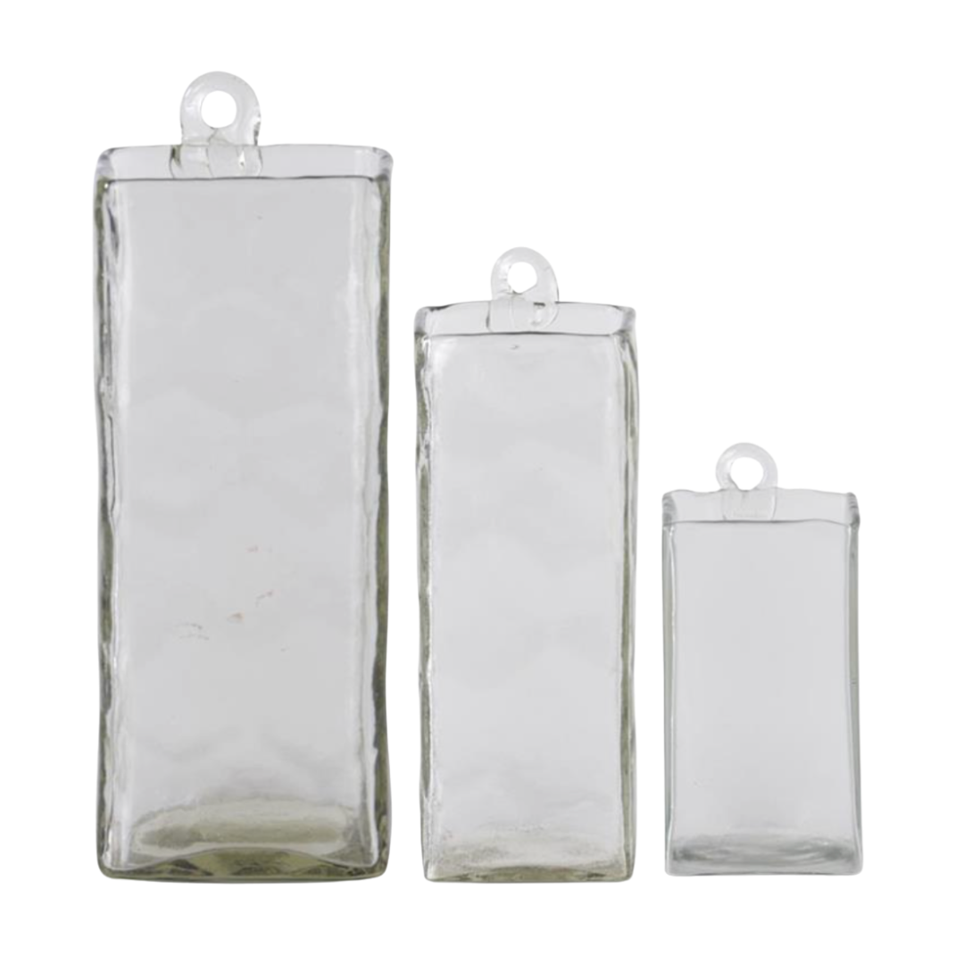 Three clear rectangular hanging vases of different sizes on a white background