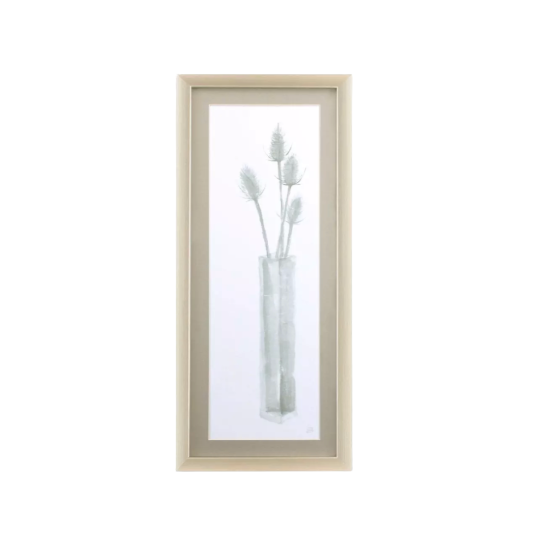 Framed artwork of a vase with white flowers on a white background