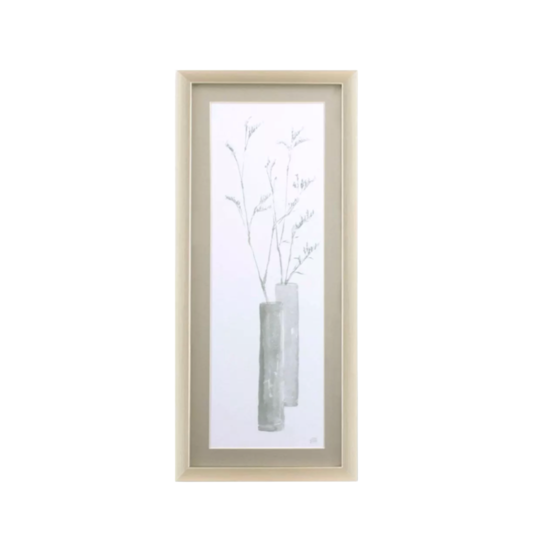 Framed artwork with a vase and branches on a white background