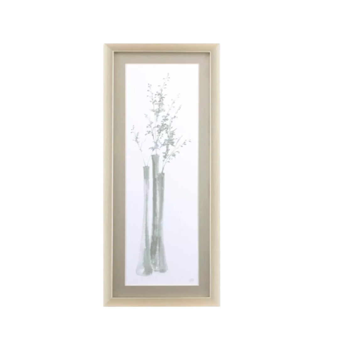 Framed artwork of a vase with branches on a white background