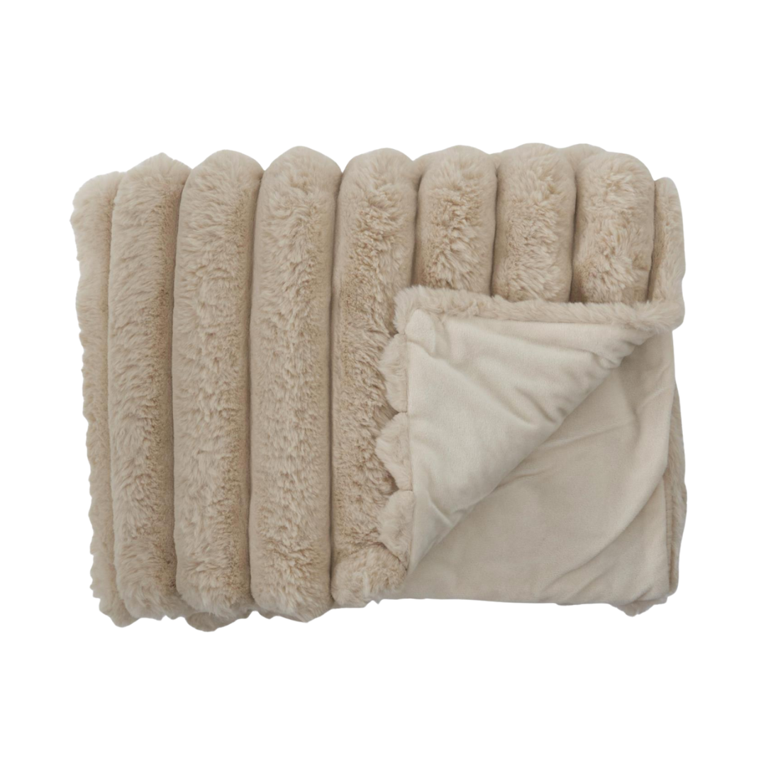 Beige sherpa blanket with white fleece backing on a white background