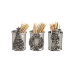 Three silver toothpick holders with decorative designs on a white background