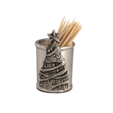 Silver toothpick holder with decorative design on a white background