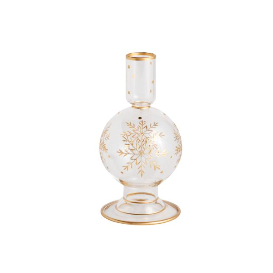 Decorative vase with gold snowflake design on a white background