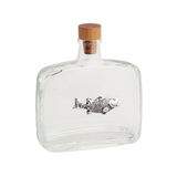 Clear glass bottle with wooden cap and fish design on a white background