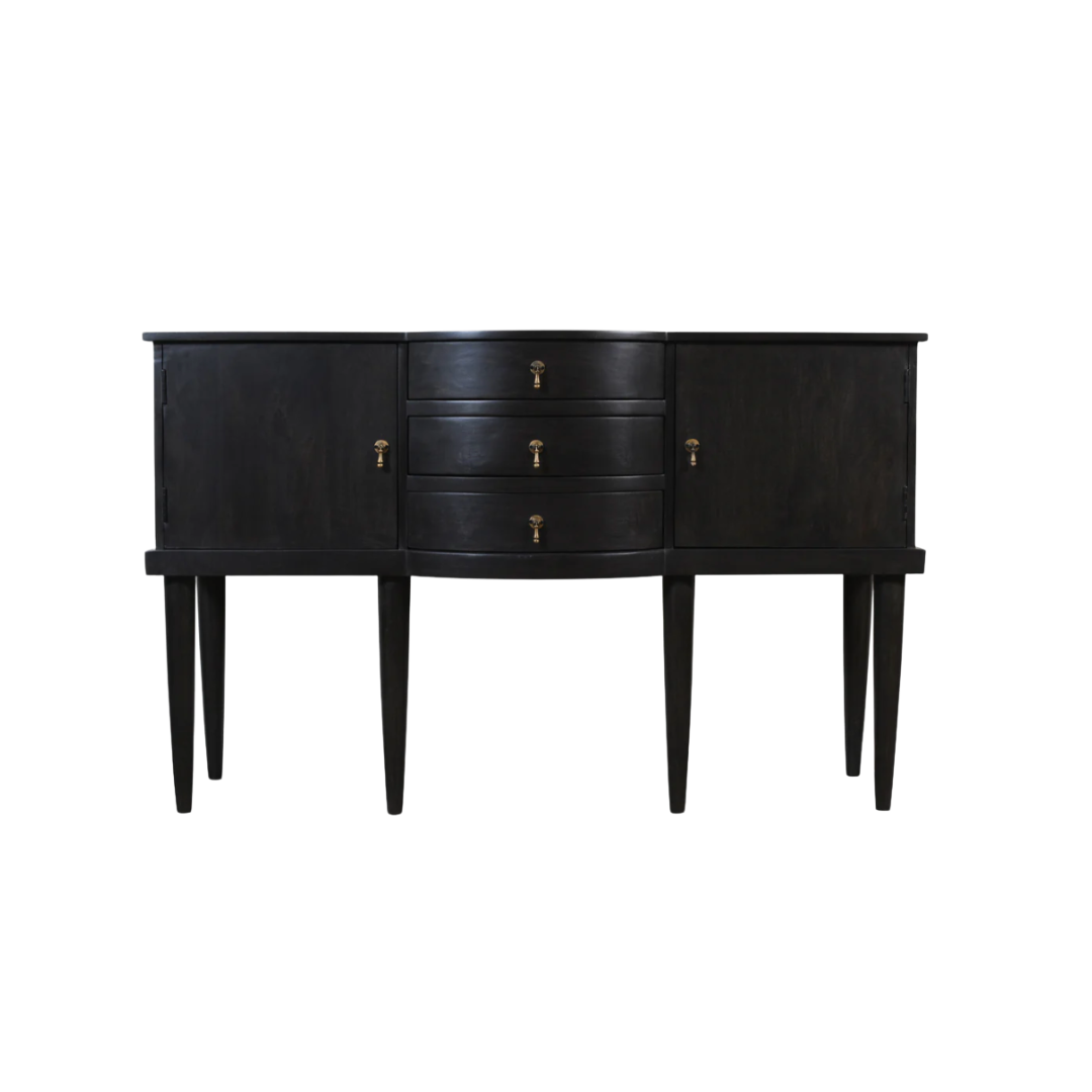 Black sideboard with drawers on a white background