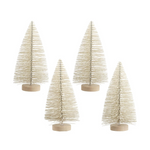 Set of four beige bottle brush trees on wooden bases against a white background