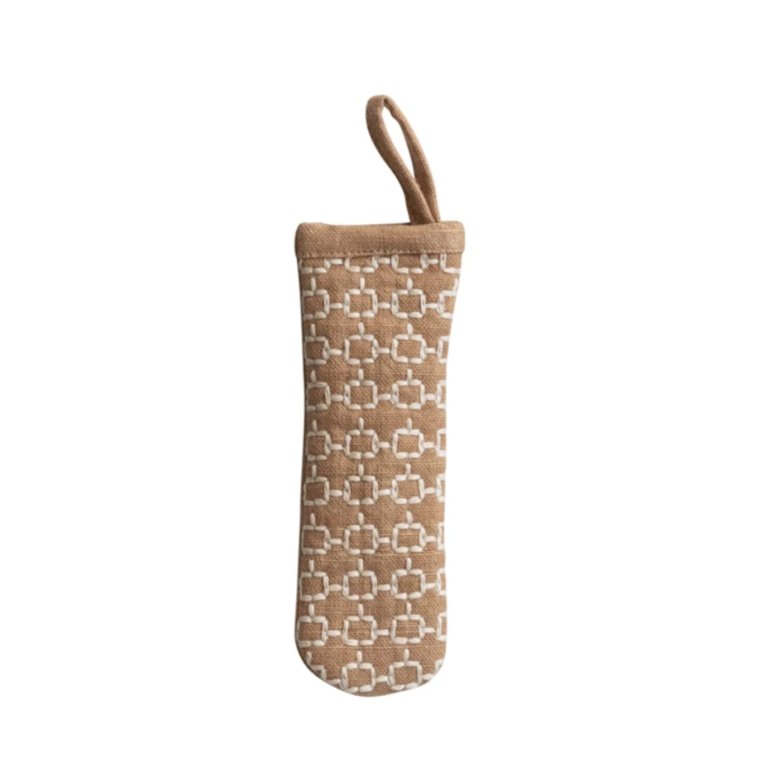 Brown pot cover with geometric pattern on a white background