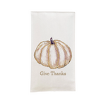 Tea towel with a pumpkin design and 'Give Thanks' text on a white background