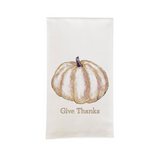 Tea towel with a pumpkin design and 'Give Thanks' text on a white background