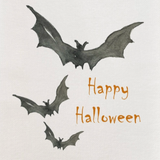 Three black bats with 'Happy Halloween' text on a light gray background