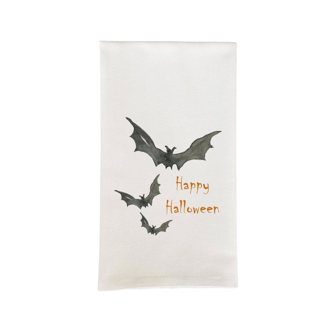 Halloween-themed decorative towel with bats and 'Happy Halloween' text on a white background