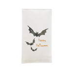 Halloween-themed decorative towel with bats and 'Happy Halloween' text on a white background