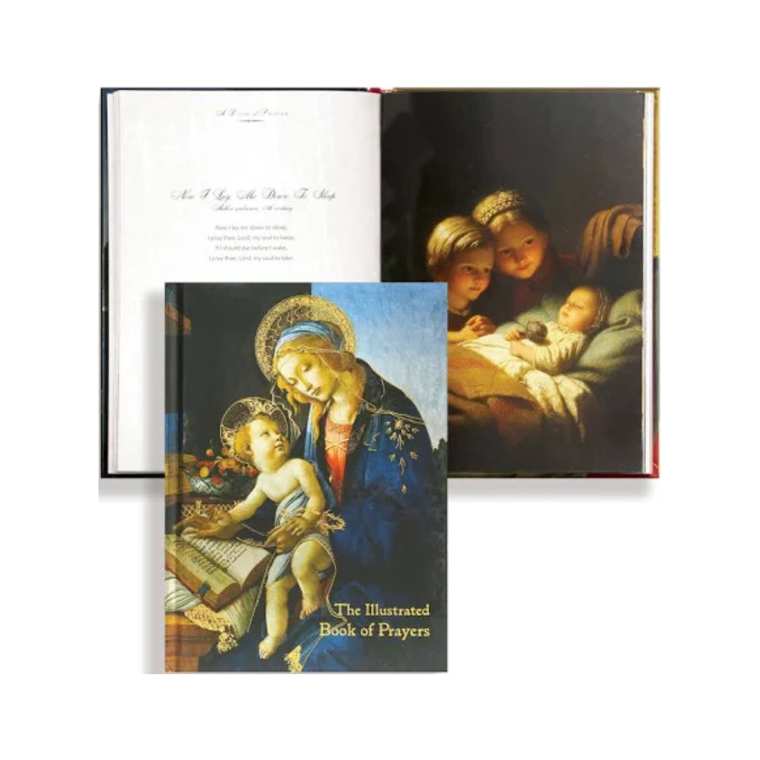 Book titled 'The Illustrated Book of Prayers' with a religious illustration on the cover.