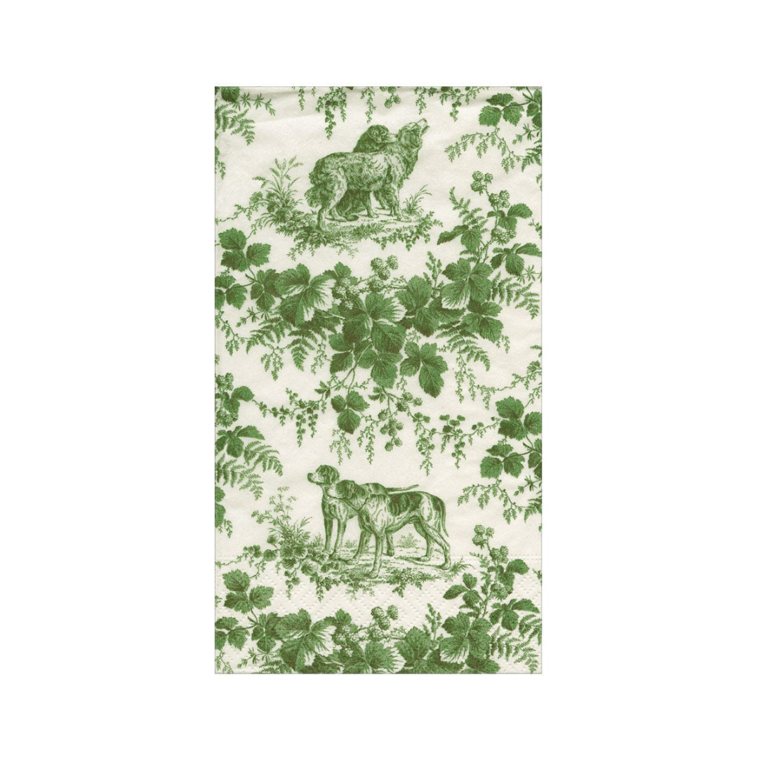 guest towel with green floral and dog pattern on a white background