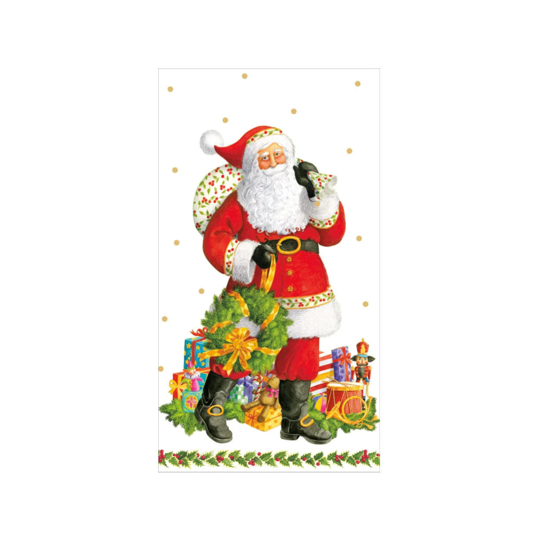 guest towel with Illustration of Santa Claus holding a wreath with Christmas decorations on a white background
