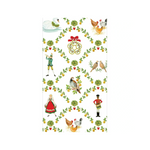 Decorative guest towel with Christmas-themed illustrations including birds, a bow, and a figure in a green outfit.