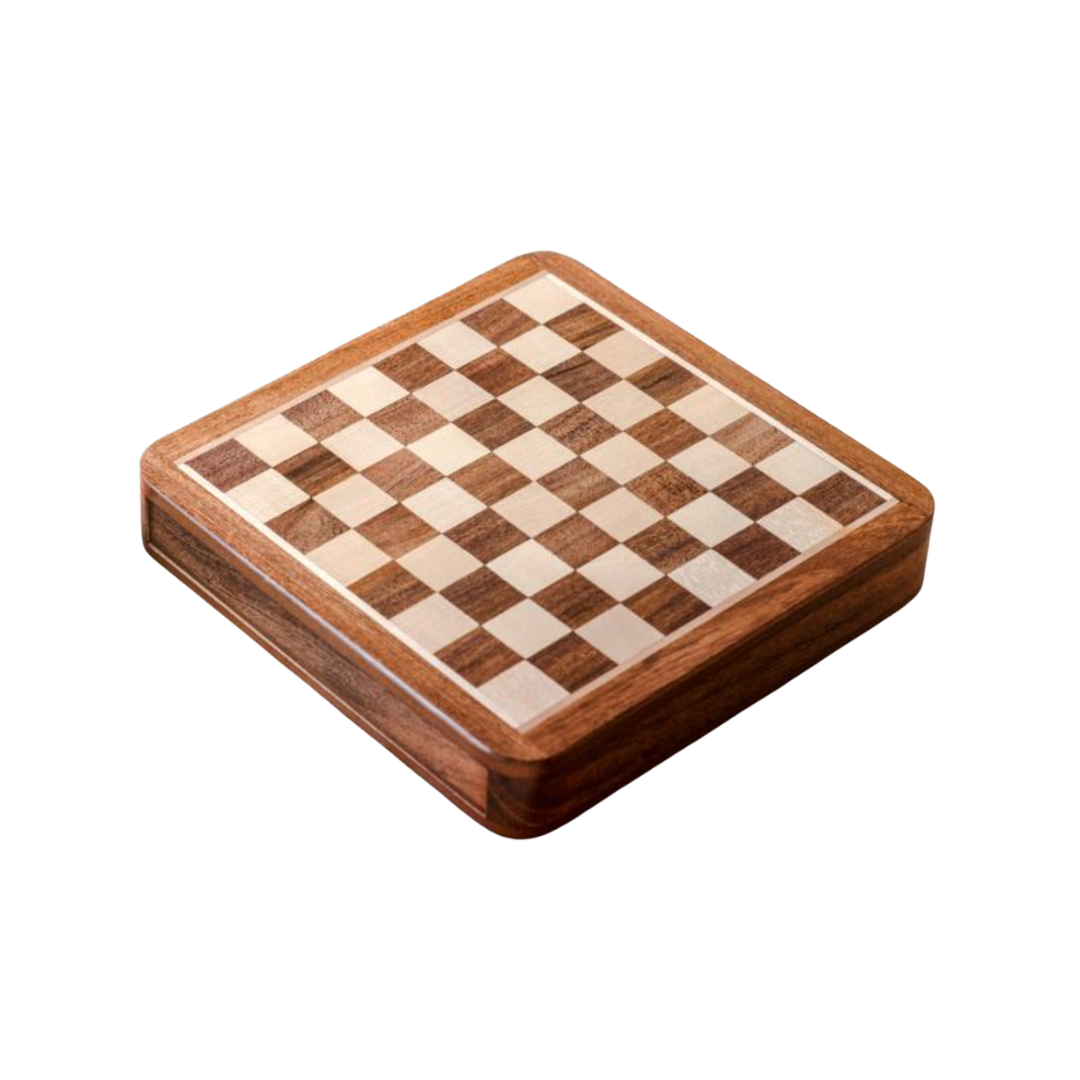 Wooden chessboard with checkered pattern on a white background