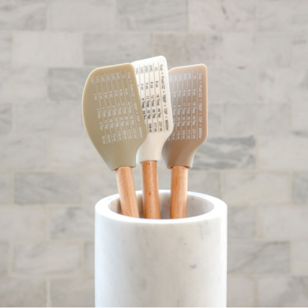 three silicone spatula with kitchen measurements shown in kitchen
