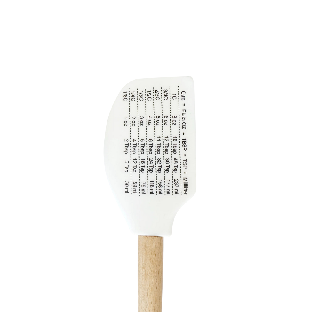 white silicone spatula with kitchen measurements 