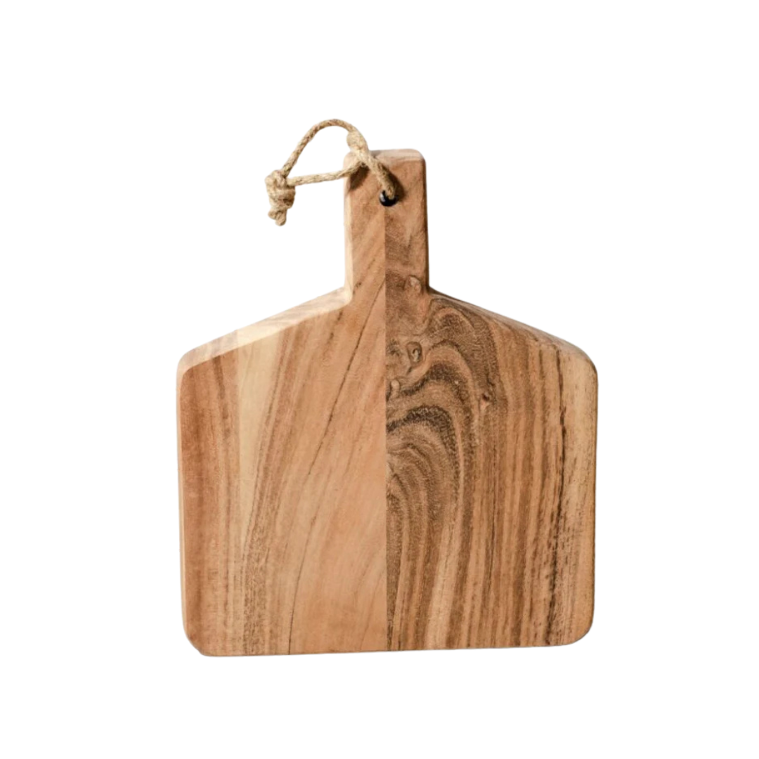 Wooden cutting board with a handle on a white background