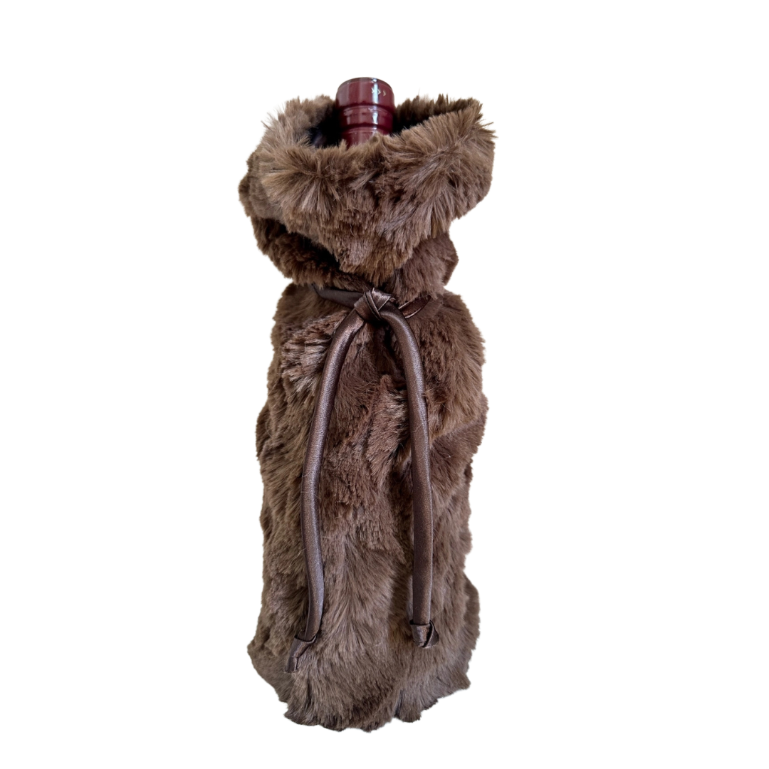 Brown faux fur wine bottle cover on a white background