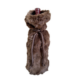 Brown faux fur wine bottle cover on a white background