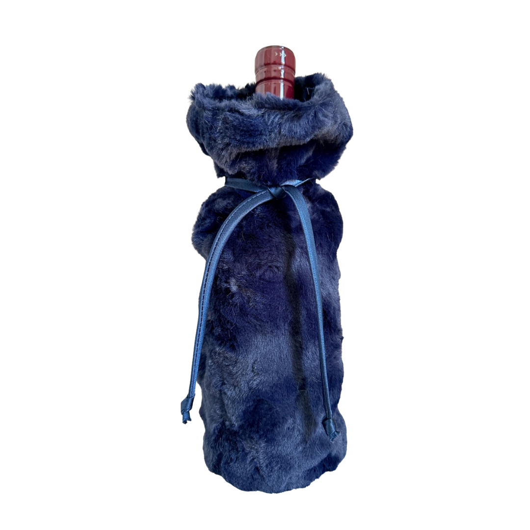 faux navy fur wine bottle cover on a white background