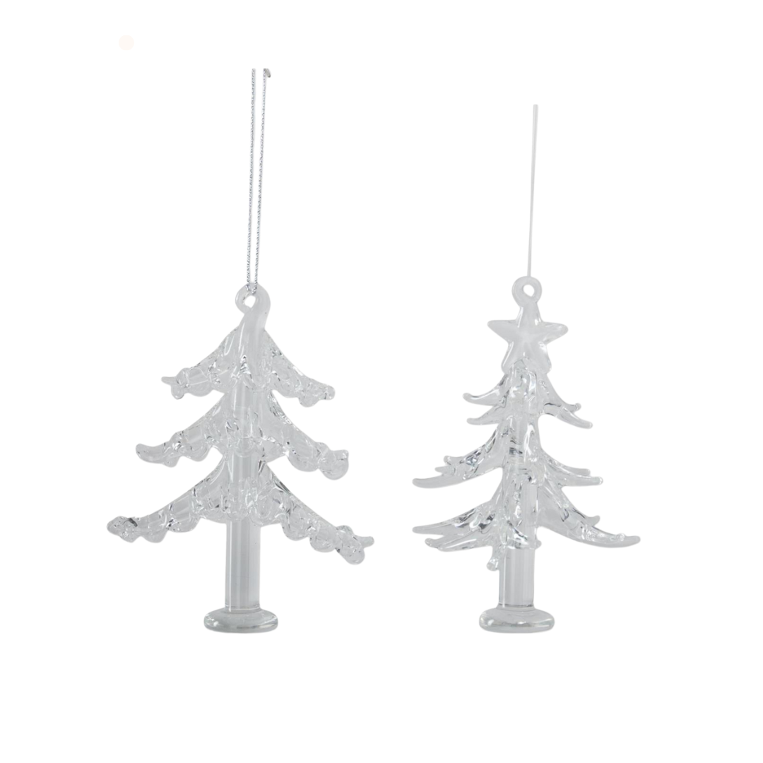 Two glass Christmas tree ornaments on a white background