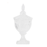 Clear glass candy dish with lid on a white background