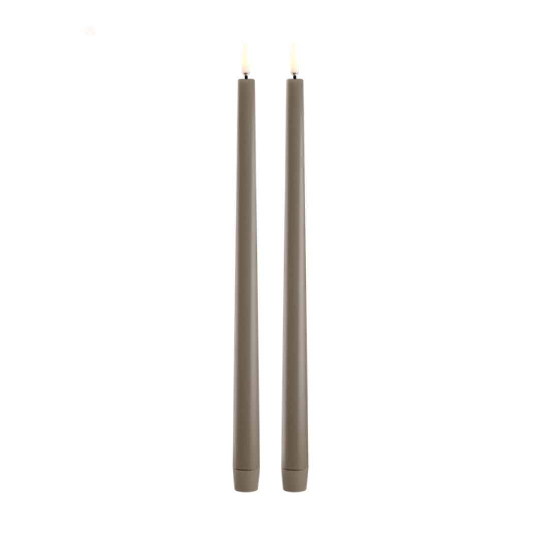 Two lit candles on a white background