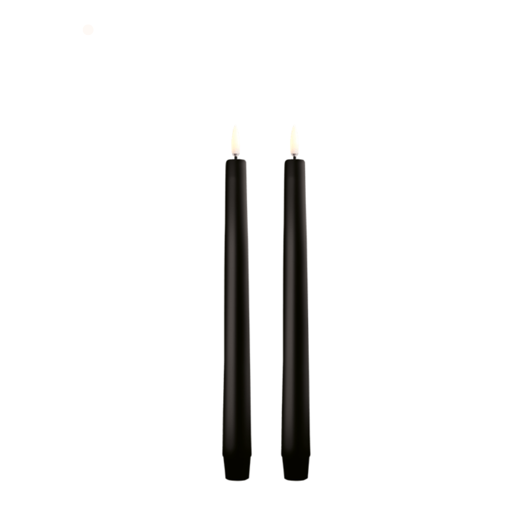Two black candles on a white background