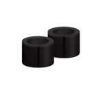 Two black cylindrical rubber bushings on a white background