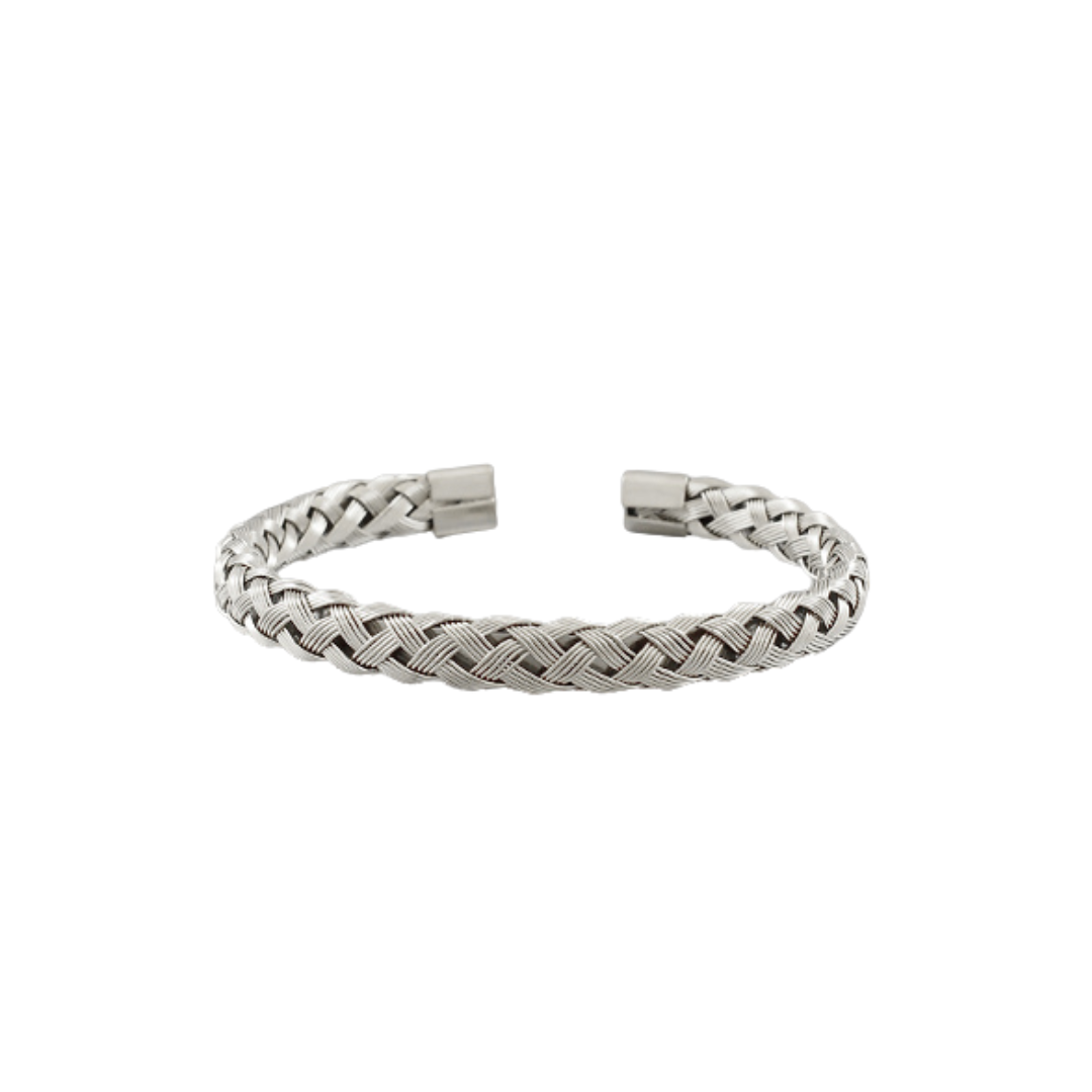 silver braided bracelet on white background