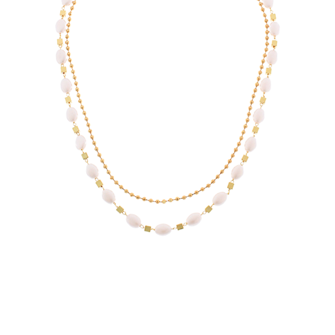 Two-layered necklace with white beads and gold accents on a white background