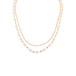 Two-layered necklace with white beads and gold accents on a white background