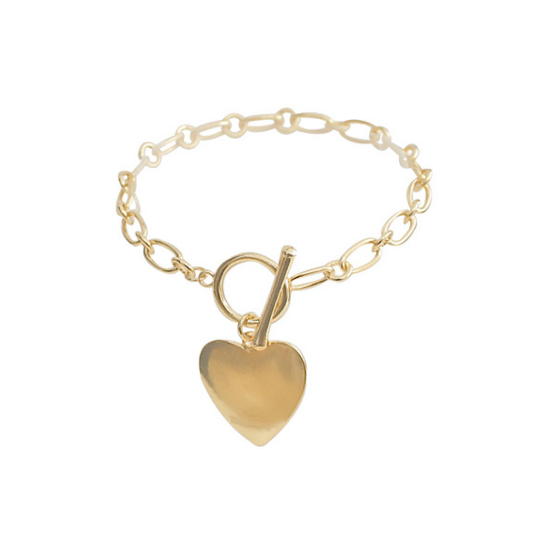 Gold heart-shaped bracelet on a white background